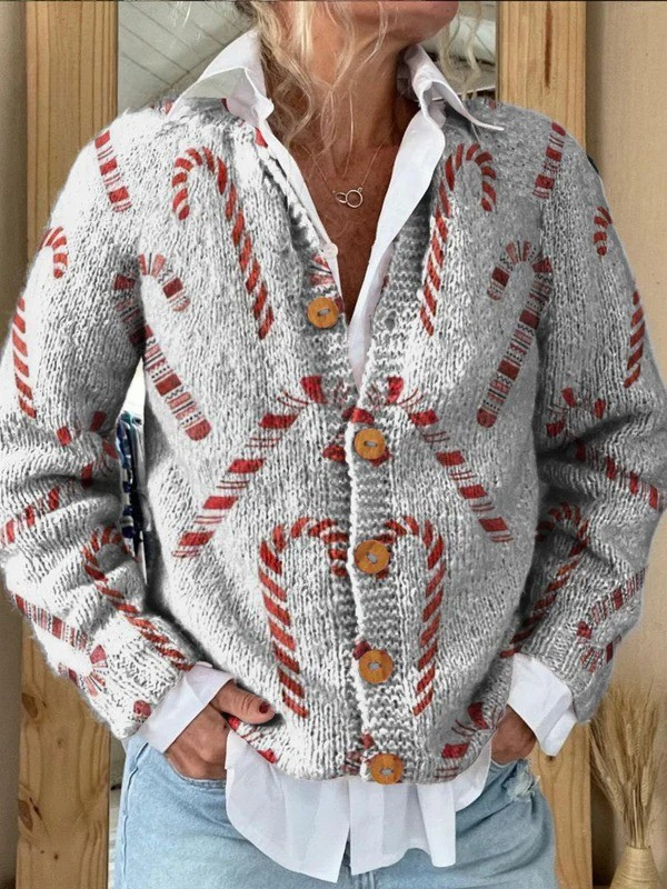 Festlicher Zuckerstangen-Muster-Cardigan mit Knöpfen