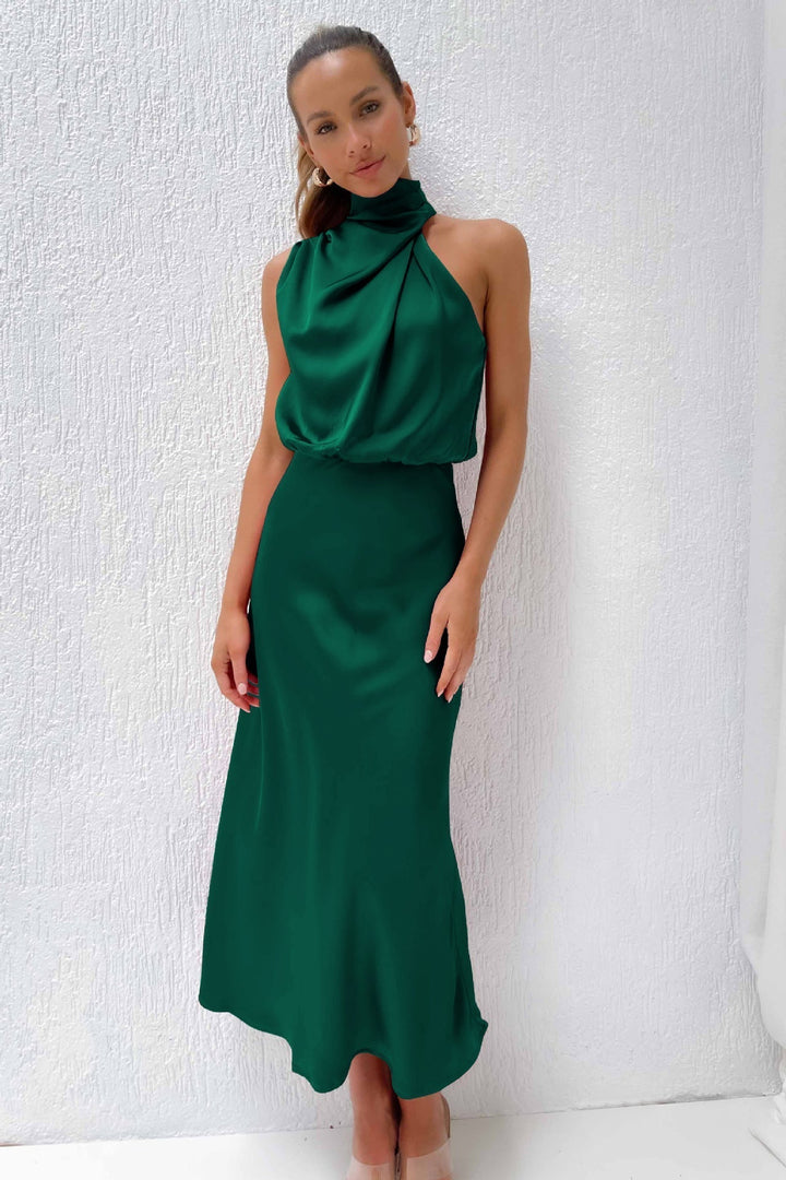 Carlina | Langes Satin-Kleid mit Neckholder