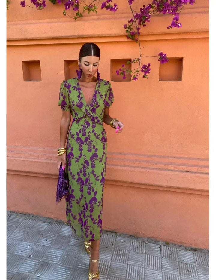 Lucinda - Boho V-Ausschnitt Floral Plissiertes Kleid