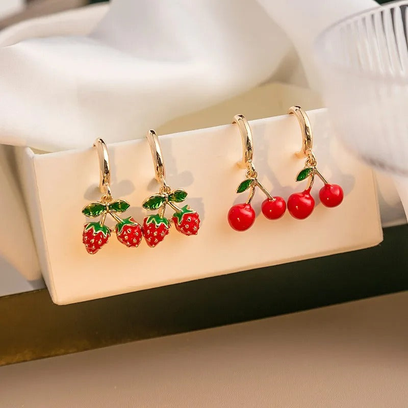 Boucles d'oreilles pendantes en plaqué or et fruits émaillés pour femmes - Amelie