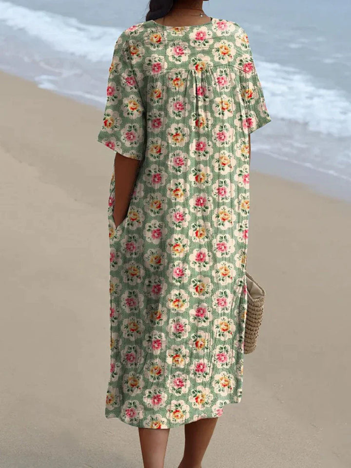 Damen Vintage Blumenmuster Lässiges Fließendes Kleid